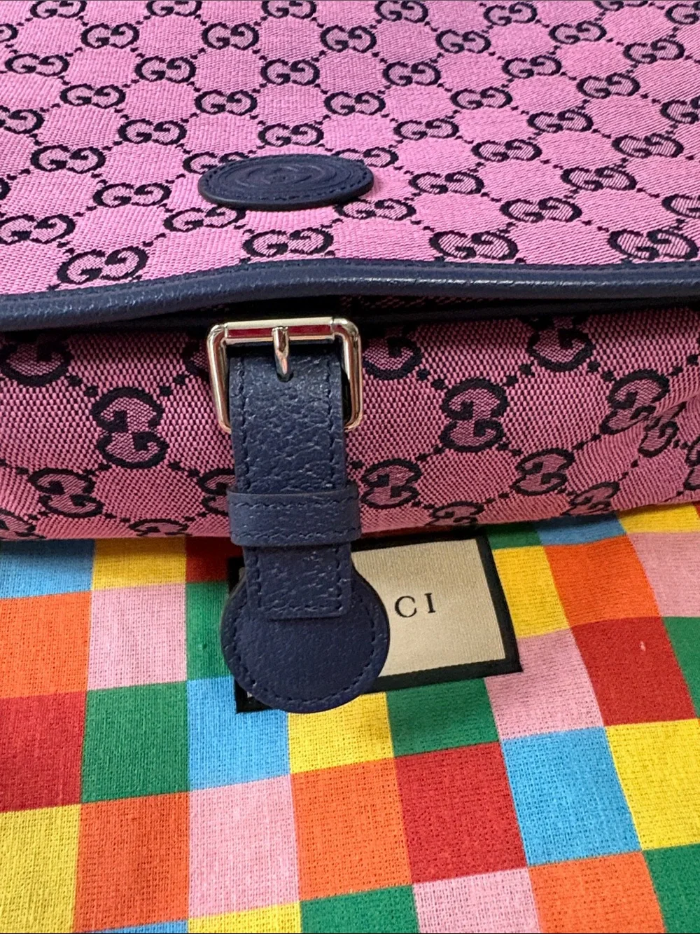 Gucci Pink GG Supreme Kids Crossbody with Navy Trim and Strap